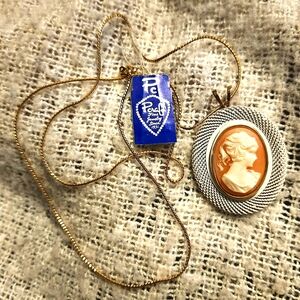 Vintage Pcraft White Metal Mesh Wrapped Cameo & Goldtone Chain NWT